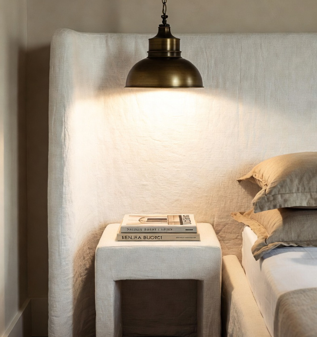 Bedroom corner with linen headboard